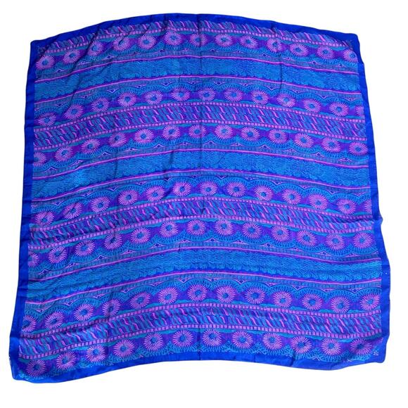 Vintage Silky Semi Sheer Royal Blue Purple Square Scarf- 39x39"- flowers - Picture 2 of 6